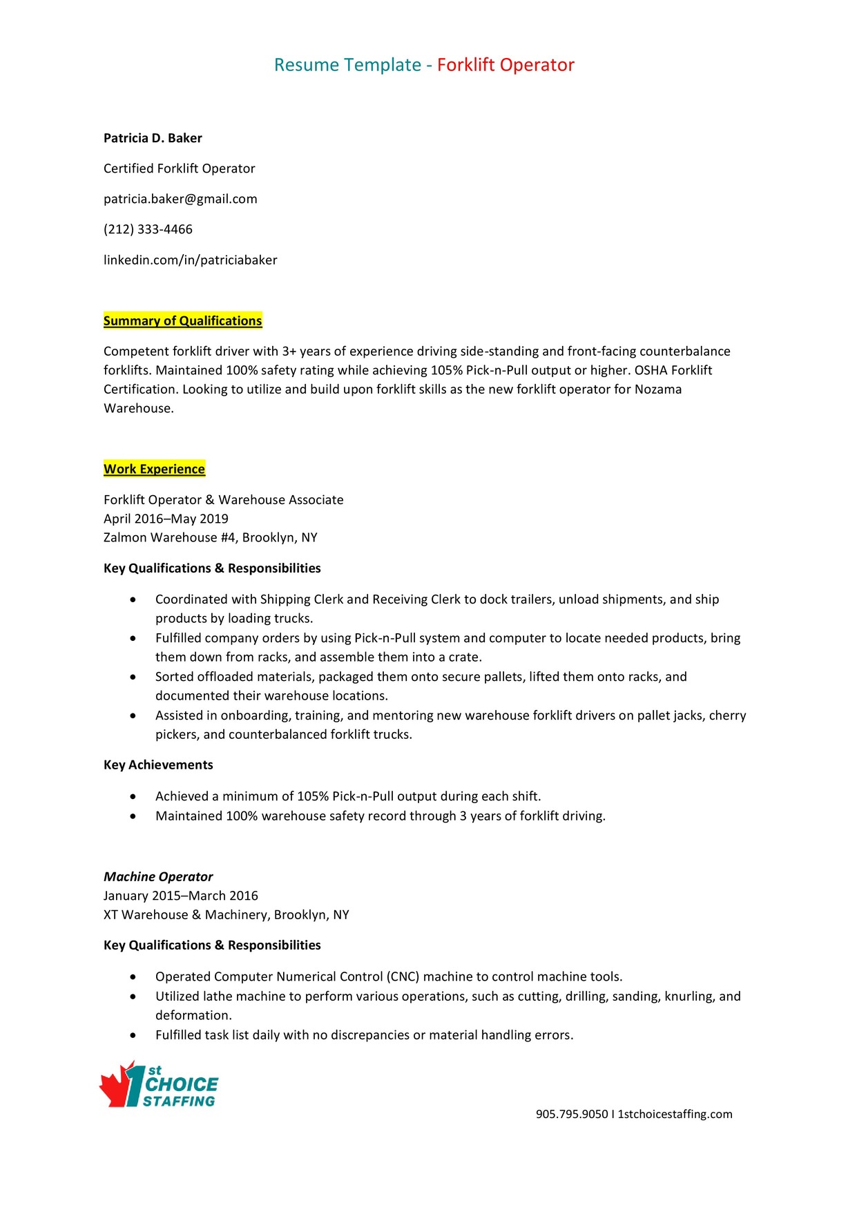 Resume-Forklift Operator