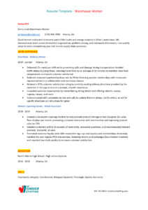 Resume warehouse work